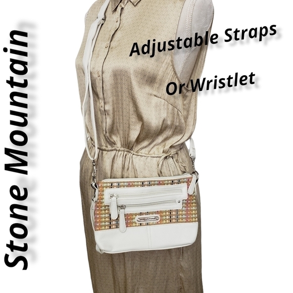 STONE Mountain NWOT Crossbody Wristlet Adjustable Strap White and Tan Woven - Picture 2 of 16